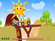 Market Truck 2 game showing a truck full of hamburgers driving carefully up a steep, green hill in an uphill racing challenge
