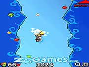 Pirate Power online game screenshot showing a flying pirate collecting gold treasure and dodging obstacles in the sky.
