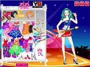Mia the Popstar game screen showing a cartoon girl (Mia) with different popstar clothes, shoes, and accessories ready to be chosen for her concert outfit