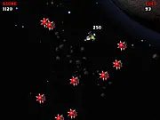 Space Orbit game screen showing a small futuristic spaceship flying through a dark purple and blue outer space setting, dodging spiky floating mines and collecting glowing fuel canisters.