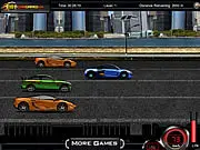 Sprint Racer game showing a red high-speed racing car speeding through a crowded highway with heavy traffic and collecting a blue nitro boost icon