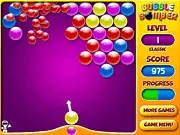 Screenshot of Bubble Bombers online game showing a cannon aiming at a cluster of colorful bubbles, with several power-up icons visible.