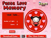 Screenshot of the Pucca Love Memory free online game showing a series of colored hearts on the screen, ready for the player to repeat the remembered sequence.