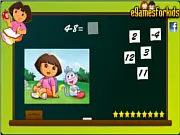 Dora Math Game screen showing Dora the Explorer next to a chalkboard displaying a math problem, ready for the player to input the answer.