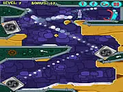 Screenshot of Pour the Fish Online Level Pack showing a drawn line guiding a stream of blue water towards a small fish trapped in a glass container.