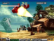 Screenshot of the Metal Slug: Run! online game, showing a soldier character running while shooting an enemy tank in a war-torn, 2D pixel-art environment