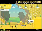 Angry Bees Defense gameplay screenshot showing a base being defended against swarms of attacking bees, with several dropped coins visible on the ground.