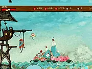 Screenshot of Crazy Flying free online game showing the boy Ahi mid-air after being launched by a whale's water spray, with a rope being lowered to catch him.