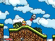 Easter Avenger Ex gameplay featuring the hero running and jumping over a gap while attacking an enemy 'bad egg' on a brightly colored platform.