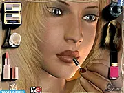 Screenshot of Makeup Artist Adriana free online girl game showing a beautiful model character with various cosmetic and hair coloring options displayed around her face.