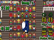 Screenshot of the Penguin Olympics free online game showing a cartoon penguin mid-air performing a complex dive or flip off a large blue diving board, with judges watching.