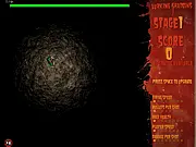 Screenshot of Lurking Shadows free top-down shooter game, showing a character surrounded by zombies and firing a weapon.
