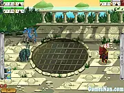 Screenshot of the Nan Creatures turn-based battle online game showing two teams of monsters facing off on a battlefield