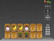 Memory Fruit Match game screenshot showing a grid of closed wooden crates and a few revealed tiles featuring colorful fruits and vegetables.