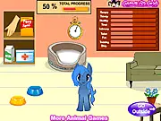 My Cute Pony Day Care free online game screenshot showing a pony being fed and groomed with happiness meters