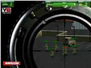 Screenshot of Battlefield Shooter Game showing a military soldier aiming a rifle and shooting at multiple enemy troops attacking a fortified base.