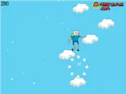 Screenshot of Adventure Time Finn Up game showing the character Finn flying in the forest, bouncing off a cloud to gain height while Jake floats nearby.