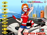 Screenshot of Cool Girl On Motorcycle dress up game showing Caroline posing in a stylish racing helmet and custom leather outfit
