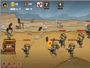 Screenshot of Gulf Defence game showing multiple defensive turrets firing at enemy soldiers attempting to reach oil barrels in a desert environment.