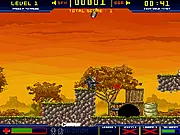 Screenshot of Abe Zombie Rescue game showing the soldier Abe running through a bombed-out city street, avoiding obstacles and rescuing a civilian from the zombie outbreak.