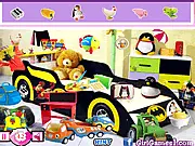 Screenshot of a Race Car Bedroom Hidden Objects game, showing a messy room with a race car bed, posters, and a list of items to find.