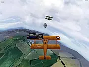Screenshot of Dogfight Sim online game showing a WWII fighter plane engaged in a dogfight with two enemy aircraft over a battlefield.