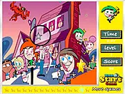 The Fairly Odd Parents Hidden Stars online game screenshot showing Timmy Turner, Cosmo, and Wanda with multiple stars hidden in the colorful scene.