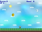 Coin Grabber game screenshot showing a small character on the ground trying to catch numerous falling gold coins while successfully avoiding several large, menacing black dark coins falling from the sky.