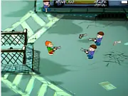 Pico's Unloaded game screenshot, Pico shooting a gun at a horde of UberKids, top-down free online shooter game on PlayArcadeHub