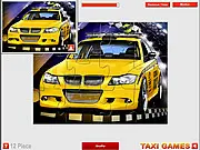 Sport Taxi Jigsaw Puzzle game screen, assembling a picture of a yellow sports car taxi, free online puzzle game with time limit