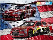 NASCAR Cars Jigsaw game screenshot, solving a jigsaw puzzle featuring a colorful stock car, free online puzzle game