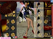 Screenshot of Geisha Dress Up free online game showing the beautiful geisha Hiroshi with options for traditional Chinese clothes and accessories.