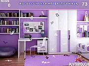Screenshot of Kids Lavender Study Room Hidden Alphabets free online game showing a desk and bookshelves with hidden letters.