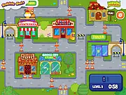 Bobble Bots Bustle free online logic puzzle game, guiding multiple robots to different colored destinations