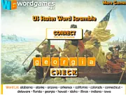 Screenshot of the US States Word Scramble online game, showing jumbled letters and a placeholder for a US state name to be solved.