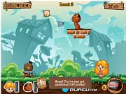 Screenshot of the Food Shoot online game, showing a catapult ready to launch food to a hungry animal across a physics puzzle level.
