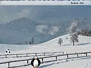 Penguin Soccer free online game screenshot showing a penguin character kicking a soccer ball on an icy field