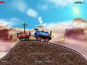 Train Mania online game screenshot, small train hauling cargo over a bumpy, green hilly track, free train conductor delivery game
