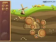 Out of Wind puzzle game screenshot, showing underground gears being placed to connect a moving part to an inactive windmill mechanism.