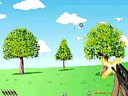 Screenshot of Flying Birds Hunter free online game showing a crosshair aiming at several flying birds against a sky background.
