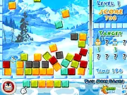Pengu Blox free online puzzle game screenshot with penguins and colored ice blocks containing fish