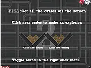 Screenshot of the Crate Crash 2 online game, showing various crates and barriers ready to be cleared using an explosive projectile.
