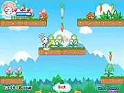 Rainbow Rabbit 4 online co-op game screenshot showing two rabbits using a rainbow as a bridge over a forest gap