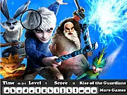 Rise of the Guardians Hidden Letter game screenshot, finding a hidden letter on a picture of Jack Frost and Santa, free online hidden object game
