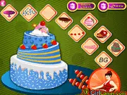 Prom Night Cake Decor free game screen showing a beautifully decorated tiered cake with prom-themed toppers