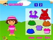Screenshot of Dora the Explorer in a stylish beach outfit and sunglasses, ready for a day at the ocean in the dress-up game.