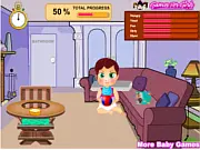 Screenshot of Sweet Baby Day Care showing the baby in a crib with icons for food, bath, and play, with happiness meters visible.