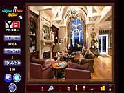 Screenshot of the Royal Room Hidden Objects game, showing an opulent room with a throne, chandeliers, and classical paintings, with a list of hidden items at the bottom.