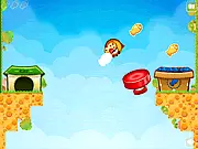 Screenshot of CatsnFish showing a cute cat being launched from a spring device towards a wooden box full of fish.