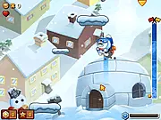 Screenshot of Polar Bob, the polar bear, jumping high between small icy platforms in an infinite vertical arcade game.